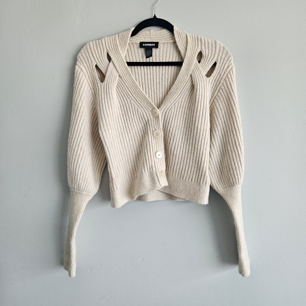 Express Women's Cream Ribbed Button-Up Cardigan